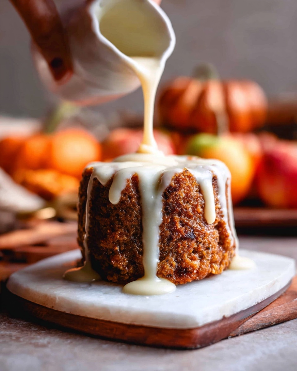 A small, round, brown cake with a rough, textured surface sits on a white marbled board. White creamy sauce is being poured over the top from a white cup held by a woman's hand, flowing down the sides and pooling at the base. In the blurred background, there are colorful pumpkins and apples adding warm, autumn colors. The lighting is soft and natural, highlighting the rich texture of the cake and the smoothness of the sauce. photo taken with an iphone --ar 4:5 --v 7
