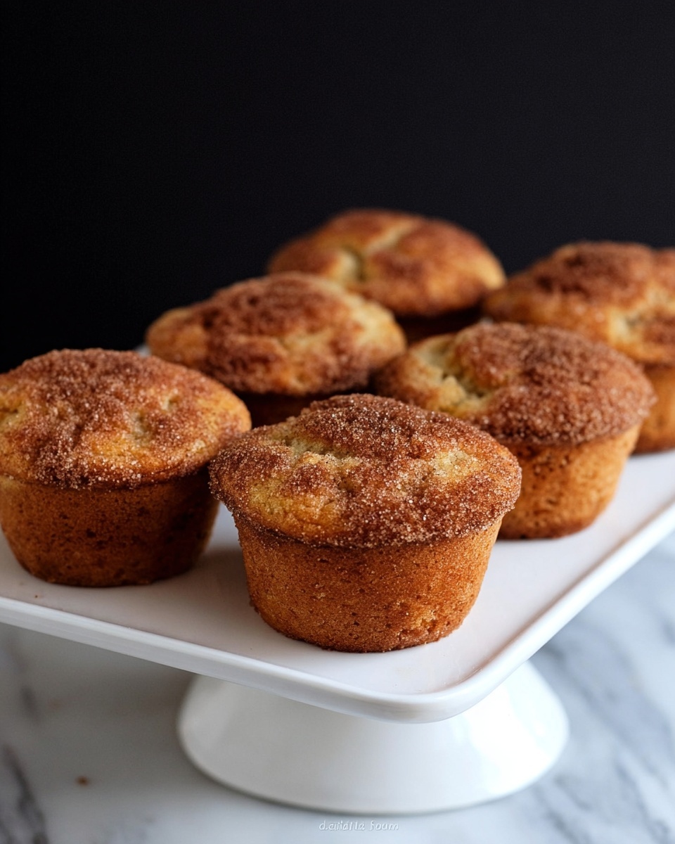 Seven golden brown muffins sit closely together on a white square pedestal cake stand, each muffin topped with a crumbly layer of cinnamon sugar that gives a textured, slightly rough look. The muffins have a few small air holes on the sides and a slightly rounded, uneven top. The background is a plain dark color and the surface below the cake stand is white marble, adding a clean contrast to the warm tones of the muffins. photo taken with an iphone --ar 4:5 --v 7