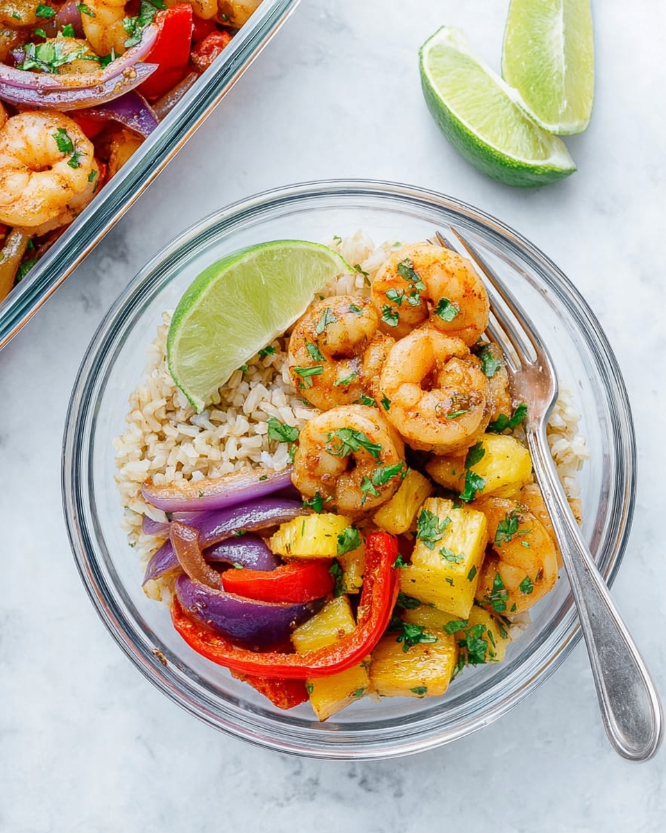 A clear round bowl sits on a white marbled surface, filled with three layers. The bottom layer is light brown rice, soft and fluffy. On top of the rice is a mix of bright yellow pineapple chunks, red bell pepper strips, and purple onion pieces, all cooked until tender. The top layer has light golden shrimp, seasoned and cooked, scattered with green chopped cilantro. A wedge of green lime leans on the side inside the bowl. Nearby, a silver fork rests on the white marbled surface. photo taken with an iphone --ar 4:5 --v 7