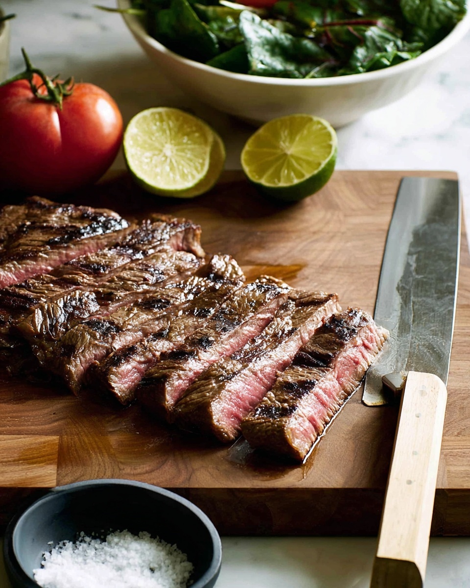 The image shows a sliced grilled steak with a dark brown char on the outside and a pink, juicy inside arranged neatly on a wooden cutting board. Above the steak, two wedges of bright yellow lemon sit next to a round, dark red tomato. On the right side, part of a white bowl filled with green leafy salad is visible. A large knife with a light wooden handle rests on a gray cloth napkin beside a small black bowl filled with coarse white salt. The background is a white marbled texture. photo taken with an iphone --ar 4:5 --v 7