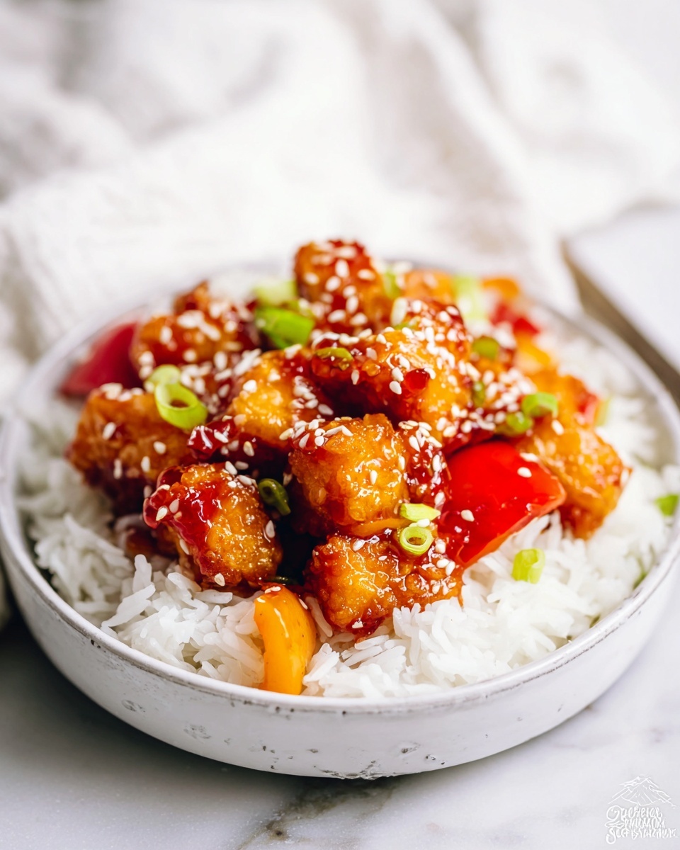 A white bowl holds a bed of fluffy white rice as the bottom layer, topped with a generous serving of golden brown, crispy tofu pieces glazed in a shiny, reddish-orange sauce. Mixed with the tofu are bright red and orange bell pepper chunks and small green onion slices, adding color and freshness. The tofu and vegetables are sprinkled with white sesame seeds, adding texture and detail to the dish. The bowl rests on a soft white marbled surface with a blurred white cloth in the background. photo taken with an iphone --ar 4:5 --v 7