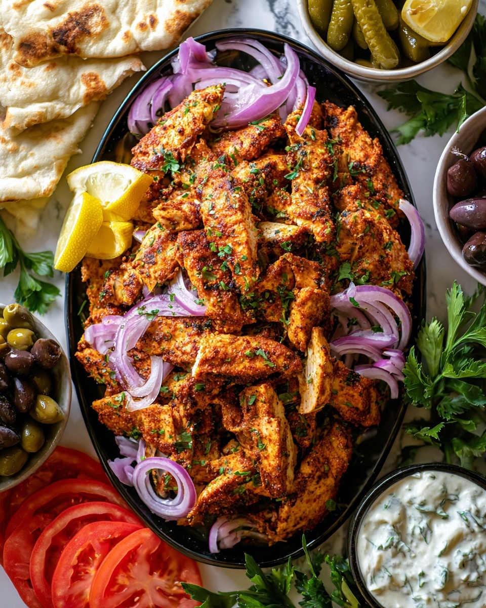 A white plate filled with many golden-brown grilled chicken strips that have a slightly charred texture and are sprinkled with finely chopped green herbs. Scattered on top and among the chicken strips are thin slices of purple-red onions with a light shine. Around the main plate, there are fresh slices of red tomato showing juicy inner texture, whole dark purple olives, and thin light yellow lemon wedges. The whole scene is set on a white marbled surface. Photo taken with an iphone --ar 4:5 --v 7