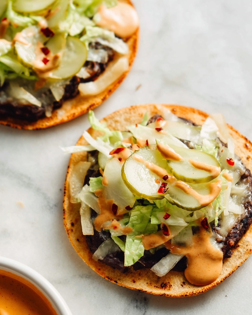 The image shows two small tostadas on a white marbled surface. Each tostada has a crispy, golden-brown tortilla base. The first layer on the tortilla is a dark, cooked black bean spread that looks thick and textured. On top of the beans, there is a light layer of melted white cheese, slightly soft and covering most of the surface. Above the cheese are thin, pale green slices of pickles arranged flat and overlapping. There is also a small amount of shredded light green lettuce scattered on top. A creamy, orange-colored sauce with small red bits is drizzled over the layers, adding a moist texture. In the bottom left corner, part of a white bowl with more of the orange sauce can be seen. The photo taken with an iphone --ar 4:5 --v 7