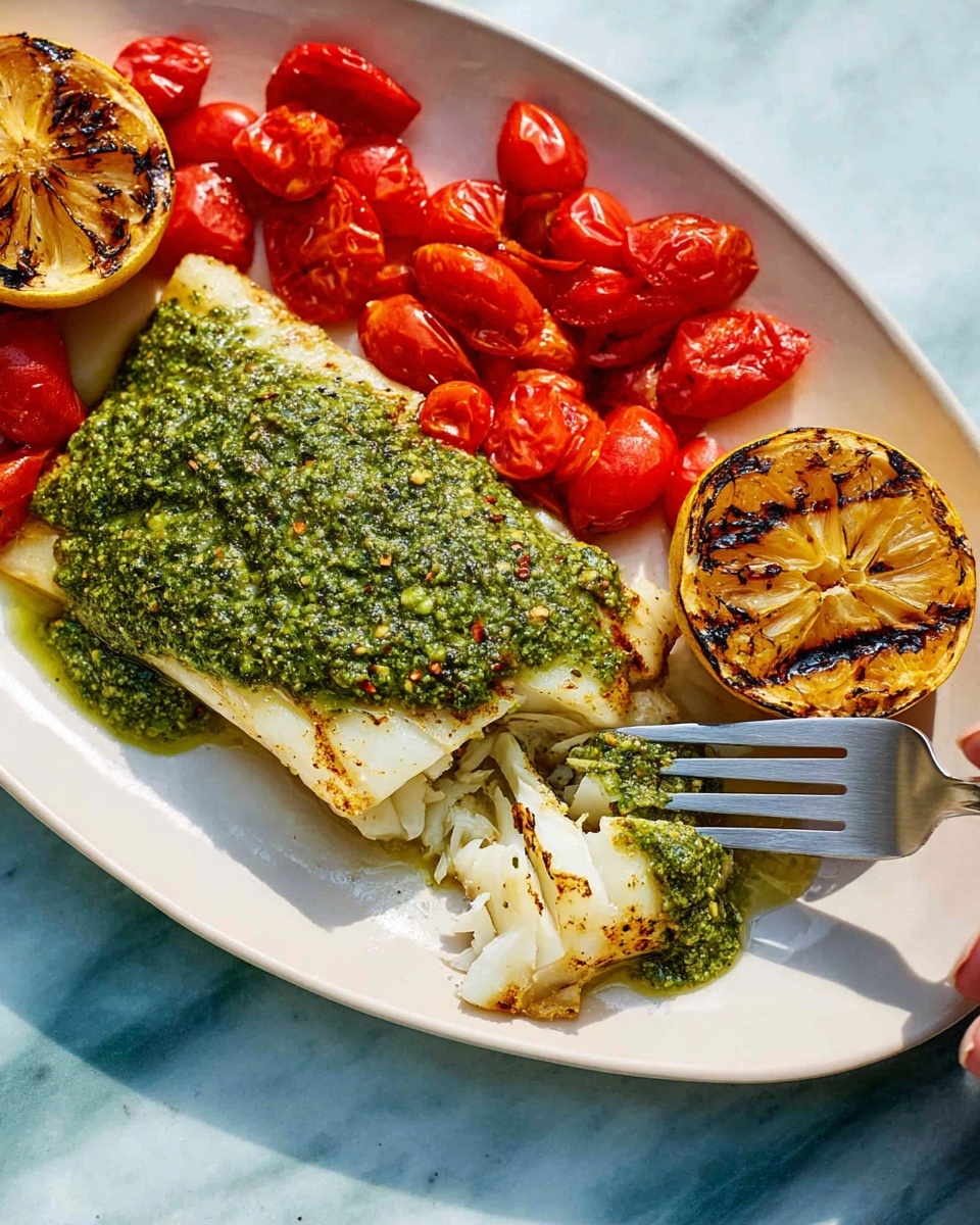 A white oval plate holds a piece of grilled white fish with a slightly browned, flaky texture, covered with a thick layer of green pesto sauce on top. Bright red cherry tomatoes, some halved, sit next to the fish on the upper side of the plate. A woman’s hand is using a fork to pull apart the fish at the bottom right, showing its tender, flaky inside beneath the pesto. Two grilled lemon halves with black grill marks rest on a white marbled surface next to the plate. photo taken with an iphone --ar 4:5 --v 7