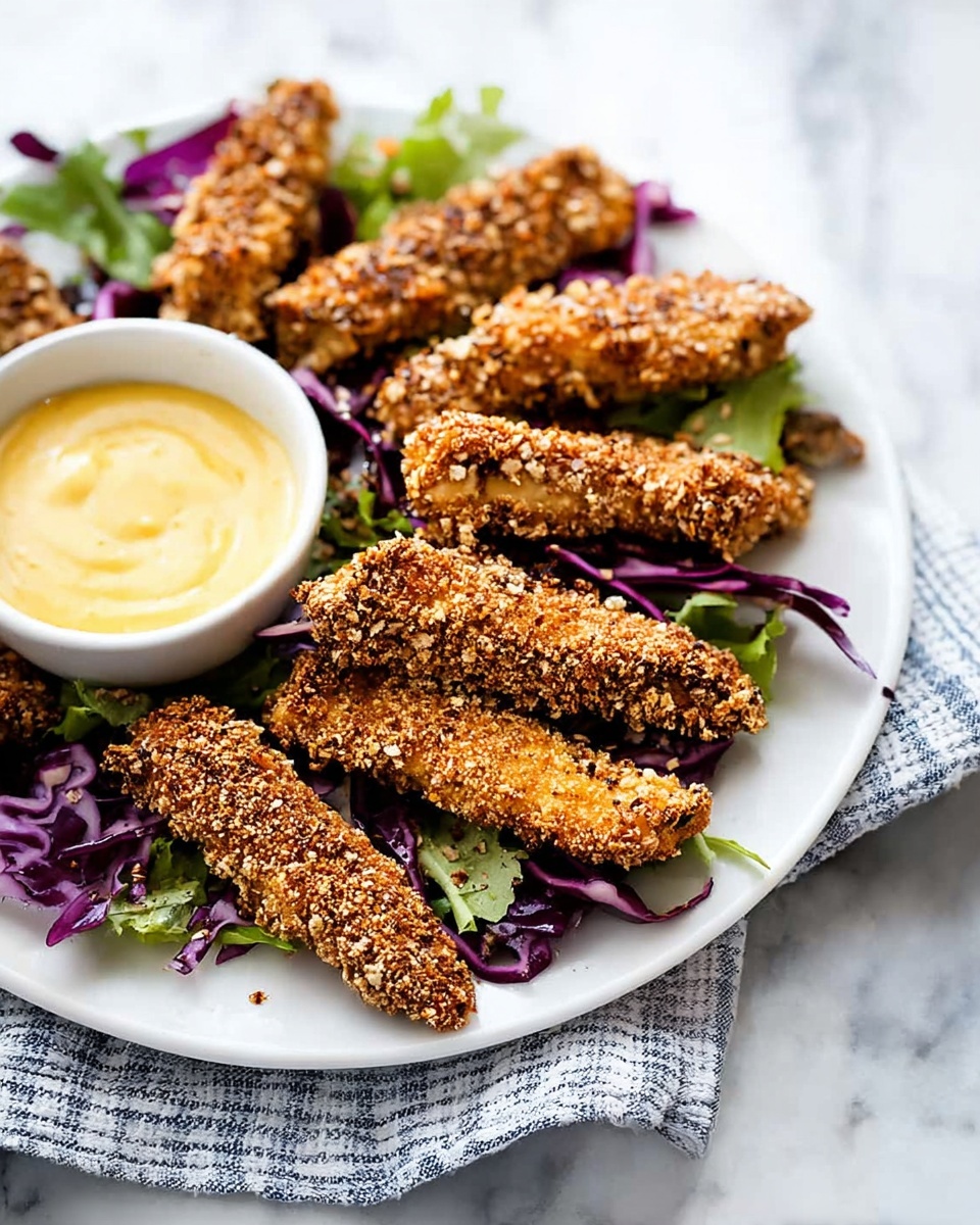 A white plate sits on a white marbled surface with several crunchy, golden-brown coated sticks arranged in a circular pattern. The sticks have a coarse, crumbly texture from the nutty coating. Beneath them are fresh leafy greens and pieces of purple cabbage adding a vibrant contrast. To the left of the plate is a small white bowl filled with a creamy yellow dipping sauce. A folded cloth napkin with blue and white stripes is placed under the plate, adding subtle warmth to the scene. photo taken with an iphone --ar 4:5 --v 7