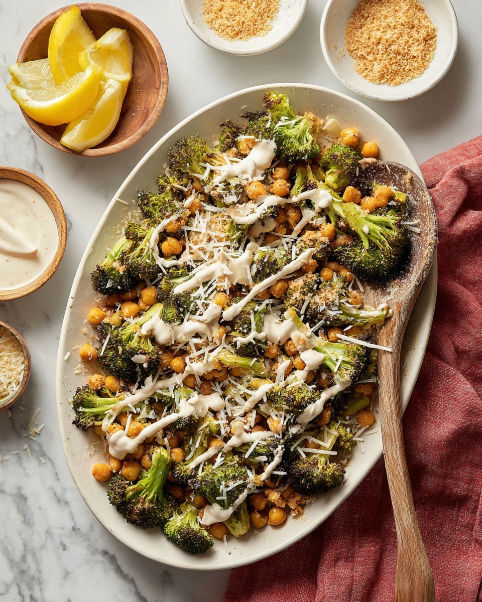 A white plate holds a colorful mix of roasted green broccoli florets and golden brown chickpeas, topped with finely grated white cheese and light brown crispy crumbs. A woman's hand pours a creamy white sauce with black pepper specks over the vegetables, creating a glossy texture on top. A silver fork rests on the right side of the plate. The background shows a white marbled surface with another white plate of the same dish blurred in the distance. photo taken with an iphone --ar 4:5 --v 7