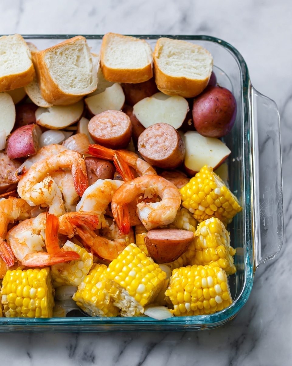 The image shows a seafood boil spread on white paper towels over a white marbled surface. The dish has several layers starting with bright yellow corn pieces cut into small sections scattered evenly. Among the corn are halved red potatoes with smooth, slightly shiny skin and white interiors. Cooked shrimp with curled, pink-orange shells and tails are mixed in, adding a soft texture. Thick slices of brown sausage with a glossy surface sit between the other ingredients. Small pieces of torn, crusty white bread with a light, airy inside are spread around the edges. Three small glass bowls filled with melted yellow butter sit at different corners of the arrangement. The overall look is colorful with yellows, reds, pinks, and browns on a clean white base, forming a casual, inviting food display. photo taken with an iphone --ar 4:5 --v 7