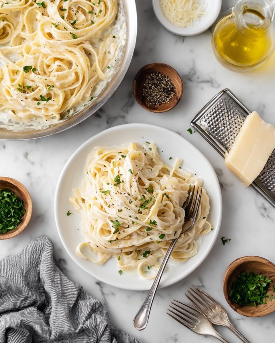 A white plate holds a serving of creamy fettuccine pasta with a smooth white sauce, small green parsley pieces sprinkled on top, and a light sprinkle of black pepper. A silver fork rests on the right side of the plate, partly inside the pasta. Above the plate, a pan filled with a similar creamy pasta shows longer strands, and to the left, a small wooden bowl contains chopped green parsley. A silver cheese grater with a slab of light yellow cheese is positioned next to the bowl, while two small white bowls with black pepper and a small glass jar with golden oil sit on the white marbled surface. A soft blue cloth lies beneath the edge of the plate. Photo taken with an iphone --ar 4:5 --v 7