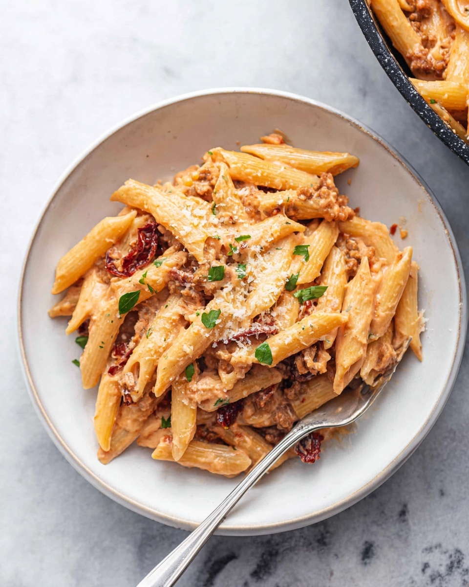 The image shows a white bowl filled with creamy pasta made of penne noodles coated in a pale orange sauce. The pasta is mixed with small pieces of light brown cooked meat and bits of sun-dried tomatoes adding deep red color scattered throughout. On top, there is a light sprinkle of grated cheese and small green herb leaves. A silver fork rests on the right side inside the bowl. The bowl sits on a white marbled surface, and part of a black pan with more pasta is visible in the upper right corner. Photo taken with an iphone --ar 4:5 --v 7