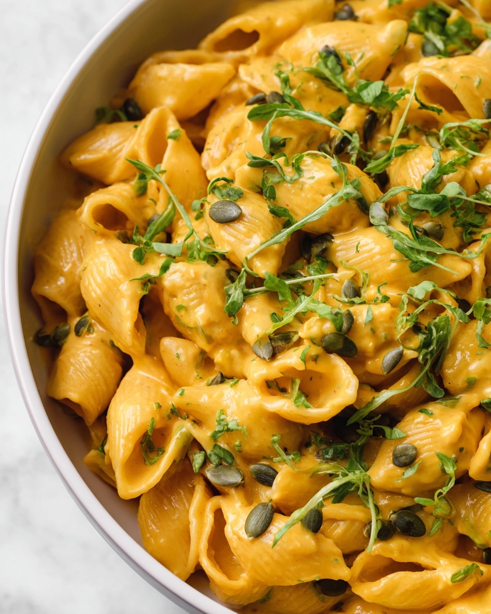 The dish shows creamy orange-yellow pasta shells all mixed well and covered in smooth sauce, with small bright green herb leaves and several pumpkin seeds spread evenly on top. The pasta is densely packed inside a white bowl, sitting on a white marbled surface, with the fresh green herb pieces contrasting against the warm pasta tones. The close-up view highlights the creamy texture and the small, round pumpkin seeds adding extra color and detail photo taken with an iphone --ar 4:5 --v 7