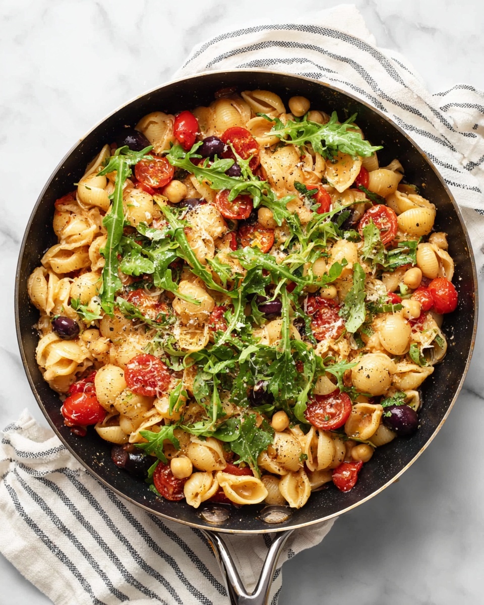 A white bowl filled with shell-shaped pasta mixed with chopped bright red cherry tomatoes and black olives. Fresh green arugula leaves are scattered evenly on top and throughout the pasta, adding a lively green color. The pasta appears light yellow and glossy, with small bits of green herbs mixed in. The bowl is placed on a white marbled surface. photo taken with an iphone --ar 4:5 --v 7