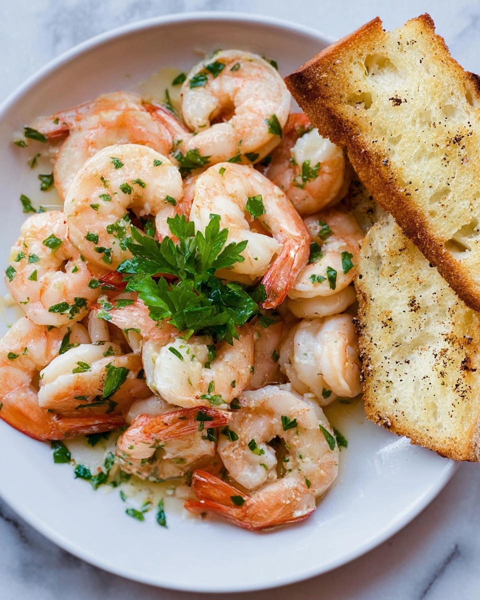 The image shows a white plate with cooked shrimp that are pink and white with some green parsley pieces on top. The shrimp are placed in the center of the plate with a small bunch of parsley garnish in the middle. On the right side of the plate, there are two pieces of toasted bread that look crispy and light brown with some black pepper on top. The plate is on a white marbled surface. photo taken with an iphone --ar 4:5 --v 7