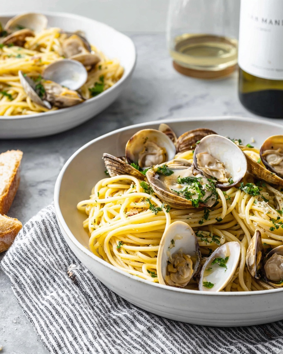 The image shows a shallow white bowl filled with cooked spaghetti pasta layered with several light beige clams both closed and open, revealing some clam meat inside. The pale yellow spaghetti is lightly coated and mixed with small green parsley leaves scattered on top and mixed within. The bowl rests on a striped cloth on a light gray surface with a white marble texture. In the background, there is another bowl with the same pasta and clams dish, slightly out of focus, and a bottle of white wine with a white label partially visible. Photo taken with an iphone --ar 4:5 --v 7