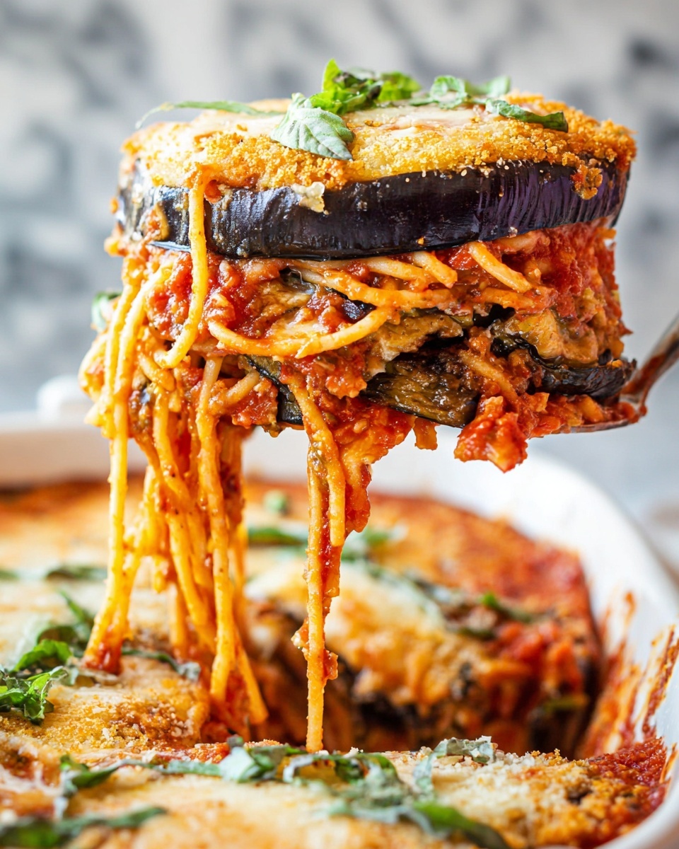 The image shows a close-up of a layered baked dish with spaghetti and eggplant slices. There are three main layers: the bottom layer is spaghetti coated in bright red tomato sauce with bits of green herbs, the middle layer is thick dark purple eggplant slices with a rough texture, and the top layer is a golden-yellow, crispy breading topped with melted white cheese and a small sprinkle of fresh green basil leaves. The dish is inside a white baking dish with a red rim, and spaghetti strands are hanging down from a large serving spatula lifting a portion. The background is a white marbled texture. Photo taken with an iphone --ar 4:5 --v 7
