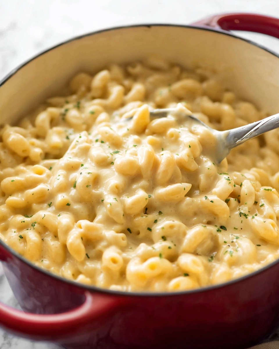 The image shows a close-up view of a white pot filled with creamy macaroni and cheese. The elbow macaroni pasta is fully covered in thick, smooth, light yellow cheese sauce with a slightly shiny texture. Small green herb pieces are scattered on top, adding a pop of color. There is a silver spoon inside the pot, partly lifting the pasta, showing the dense and cheesy sauce coating each pasta piece. The pot is on a white marbled surface with a white cloth partially visible nearby. Photo taken with an iphone --ar 4:5 --v 7