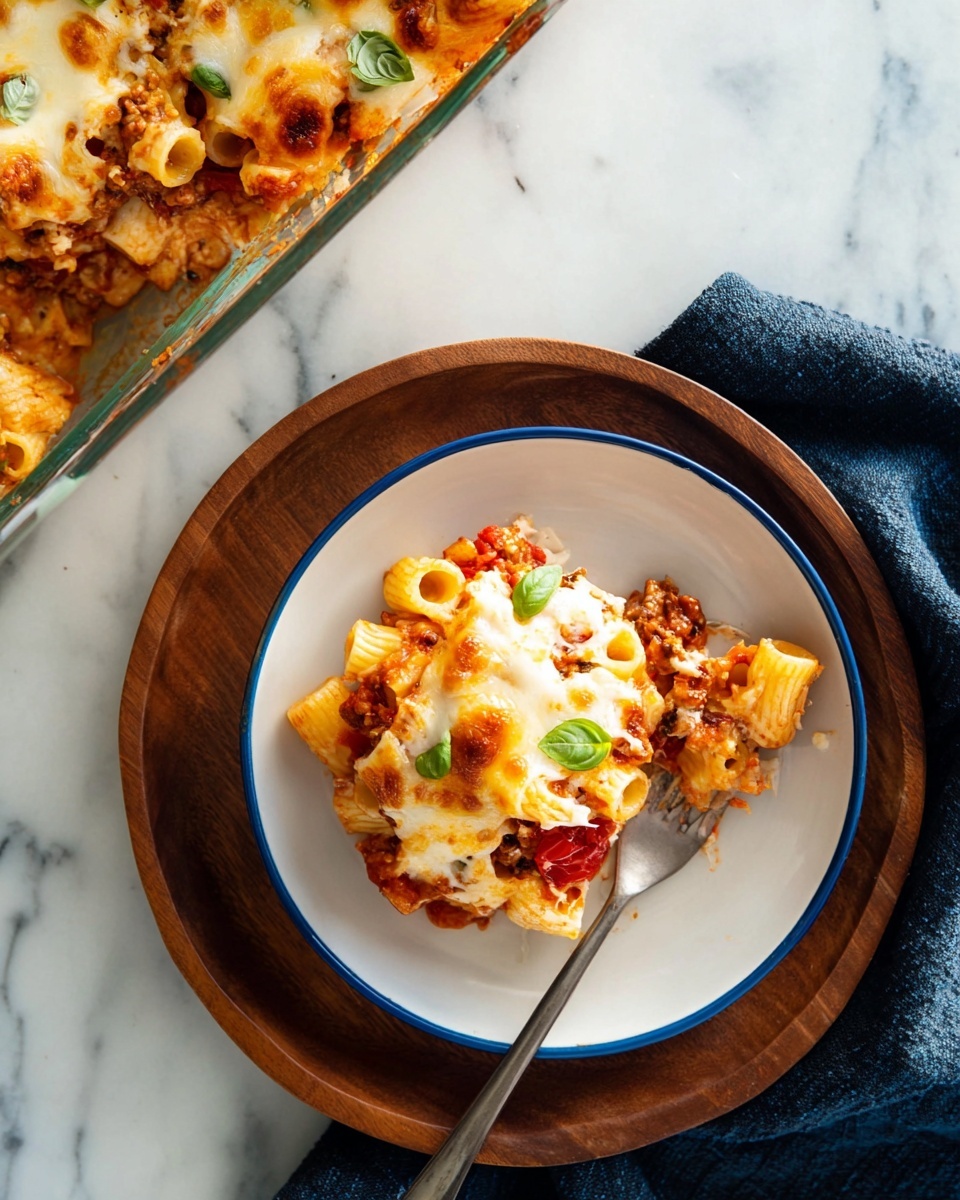 A serving of baked pasta on a white plate with a blue inner circle, placed on a round wooden board atop a white marbled surface. The pasta dish has three visible layers: at the bottom, tubular pasta pieces mixed with red tomato chunks and a thick, meaty sauce; in the middle, a layer of creamy white cheese that looks soft; and on top, melted golden-brown cheese with some browned spots, sprinkled with small fresh green basil leaves. A fork is stuck into the pasta on the right side of the plate, and a dark blue cloth is partially visible at the bottom right corner. A glass baking dish with more baked pasta, showing similar layers and colors, is at the upper left corner of the image. Photo taken with an iphone --ar 4:5 --v 7