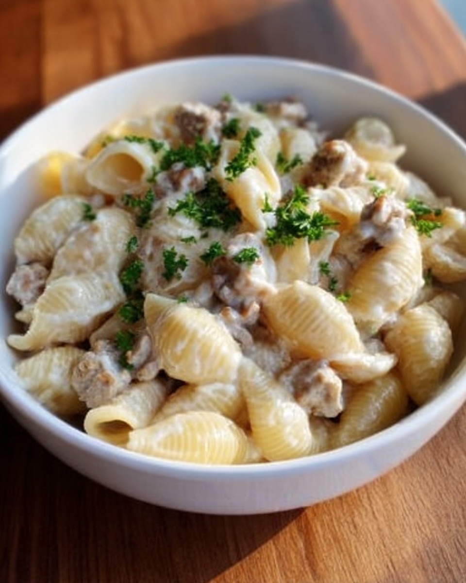 A white square plate holds a creamy pasta dish made with small shell-shaped pasta mixed with chunks of light-colored cooked chicken. The pasta and chicken are coated in a pale sauce, and fresh green chopped parsley is sprinkled evenly on top, adding color contrast. Two bright yellow lemon wedges sit on the left edge of the plate, adding a fresh touch. The plate is set on a dark green cloth on a white marbled surface in soft natural light, showing texture and freshness of the food. photo taken with an iphone --ar 4:5 --v 7