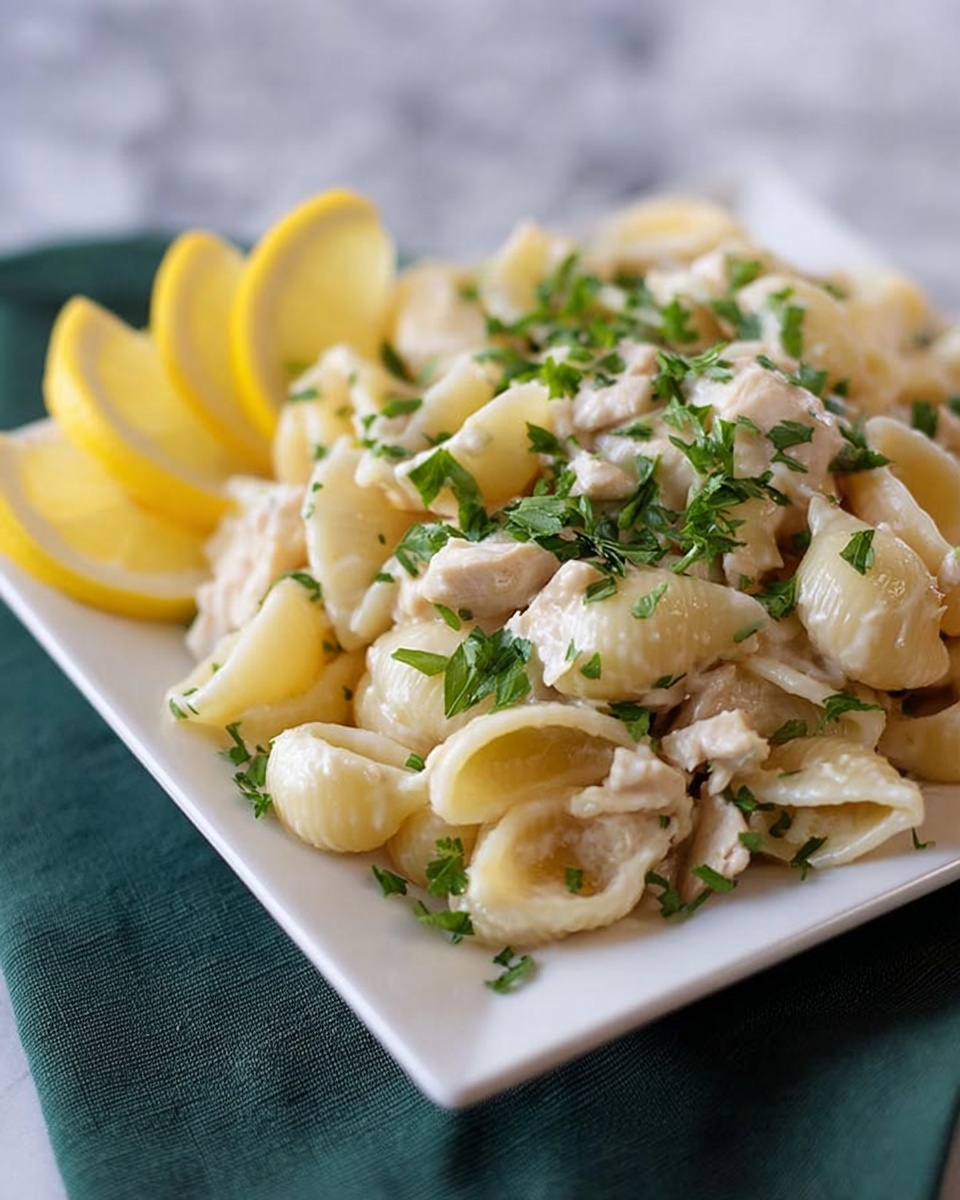 The image shows a white bowl filled with shell pasta mixed with creamy white sauce and small pieces of light brown cooked meat. On top, there are small green parsley leaves scattered for garnish. The bowl sits on a wooden surface, and the light captures the shiny and smooth texture of the sauce and pasta. Photo taken with an iphone --ar 4:5 --v 7