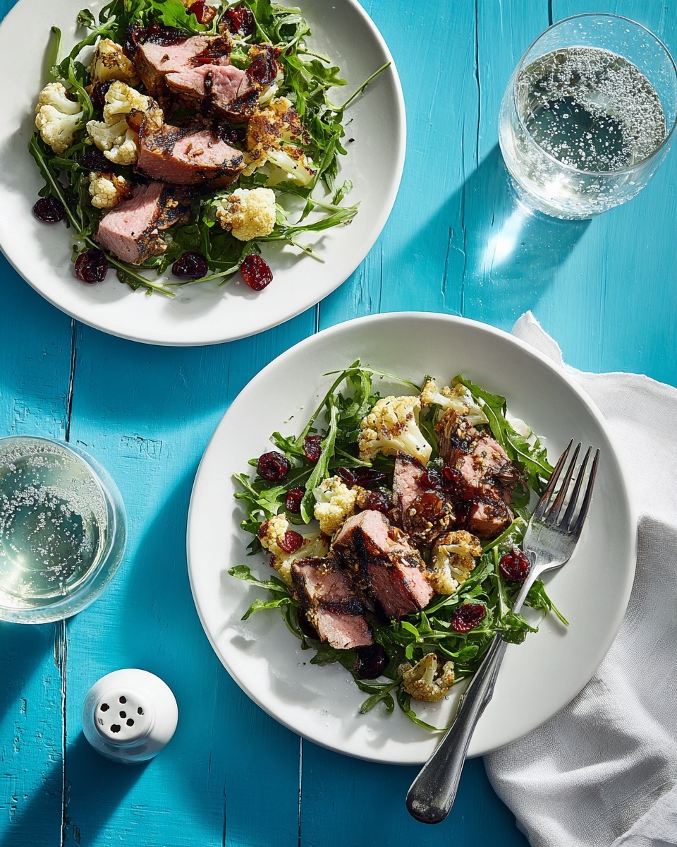 The image shows a white round plate on a white marbled surface filled with a fresh salad. The salad has three main layers: large green arugula leaves on top, slightly wilted light green lettuce below, and creamy white cauliflower pieces scattered throughout. There are deep red dried cranberries sprinkled over the salad, adding bright spots of color. Two slices of medium-cooked brown meat rest on the side with a fork placed next to them on the plate. The textures contrast between the soft meat, crunchy cauliflower, and leafy greens. Photo taken with an iphone --ar 4:5 --v 7