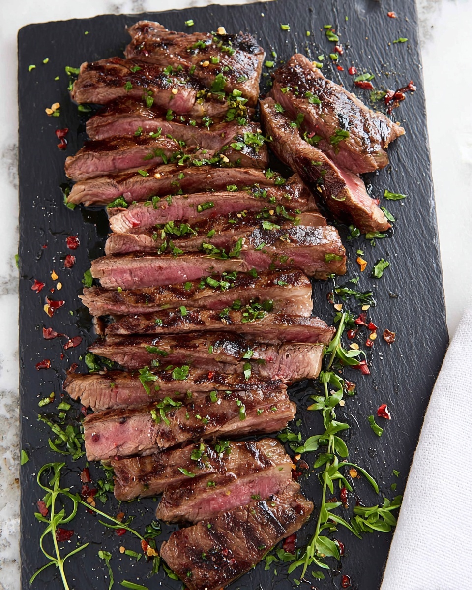 A sliced medium-rare steak is laid out in one layer on a black slate board, showing a dark brown, grilled outer crust with clear grill marks and a warm pink center. The slices are arranged in a slightly fanned shape, with some thicker and some thinner pieces at the edges. Small green herb leaves are scattered on top of the steak along with tiny red chili flakes and a light drizzle of olive oil that pools slightly underneath. The background has a white marbled texture visible at the edges of the slate board photo taken with an iphone --ar 4:5 --v 7