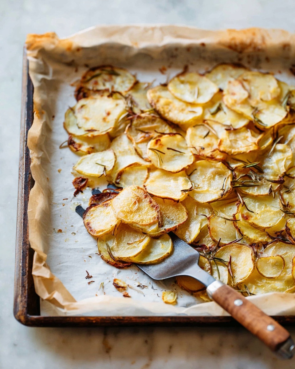 The image shows a baking tray lined with white parchment paper, filled with one thin layer of lightly browned potato slices that have slightly crispy edges, mixed with thin, soft, pale yellow onion slices and small sprigs of rosemary scattered across the top, creating a textured look with a mix of golden and light brown colors. The tray sits on a white marbled surface. Photo taken with an iphone --ar 4:5 --v 7