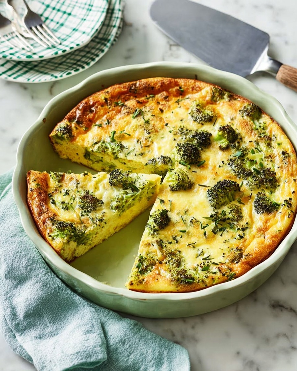 A round, light green ceramic baking dish holds a broccoli and cheese frittata with a golden-brown top speckled with green broccoli florets and herbs. One triangular slice is cut and slightly lifted from the dish, showing the soft yellow inside mixed with green broccoli pieces. The frittata’s edges are lightly browned and puffed, creating a thick, firm layer with a slightly uneven surface. The dish sits on a white marbled surface next to a gray spatula with a silver handle and a pale blue cloth. In the background, a stack of white plates with green checks and a fork are visible. Photo taken with an iphone --ar 4:5 --v 7