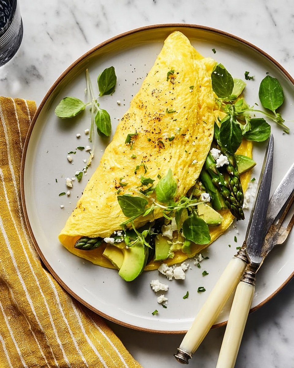 A white plate holds a folded yellow omelette as the top layer, slightly browned and soft in texture. Beneath the omelette, there are green asparagus spears that look roasted, some fresh green leafy shoots scattered for garnish, slices of pale green avocado, and small pieces of white crumbly cheese. The plate sits on a white marbled surface, with a silver knife with a cream handle and a yellow-striped cloth partly visible at the edge. The dish looks fresh and colorful with a mix of green, yellow, and white tones. photo taken with an iphone --ar 4:5 --v 7