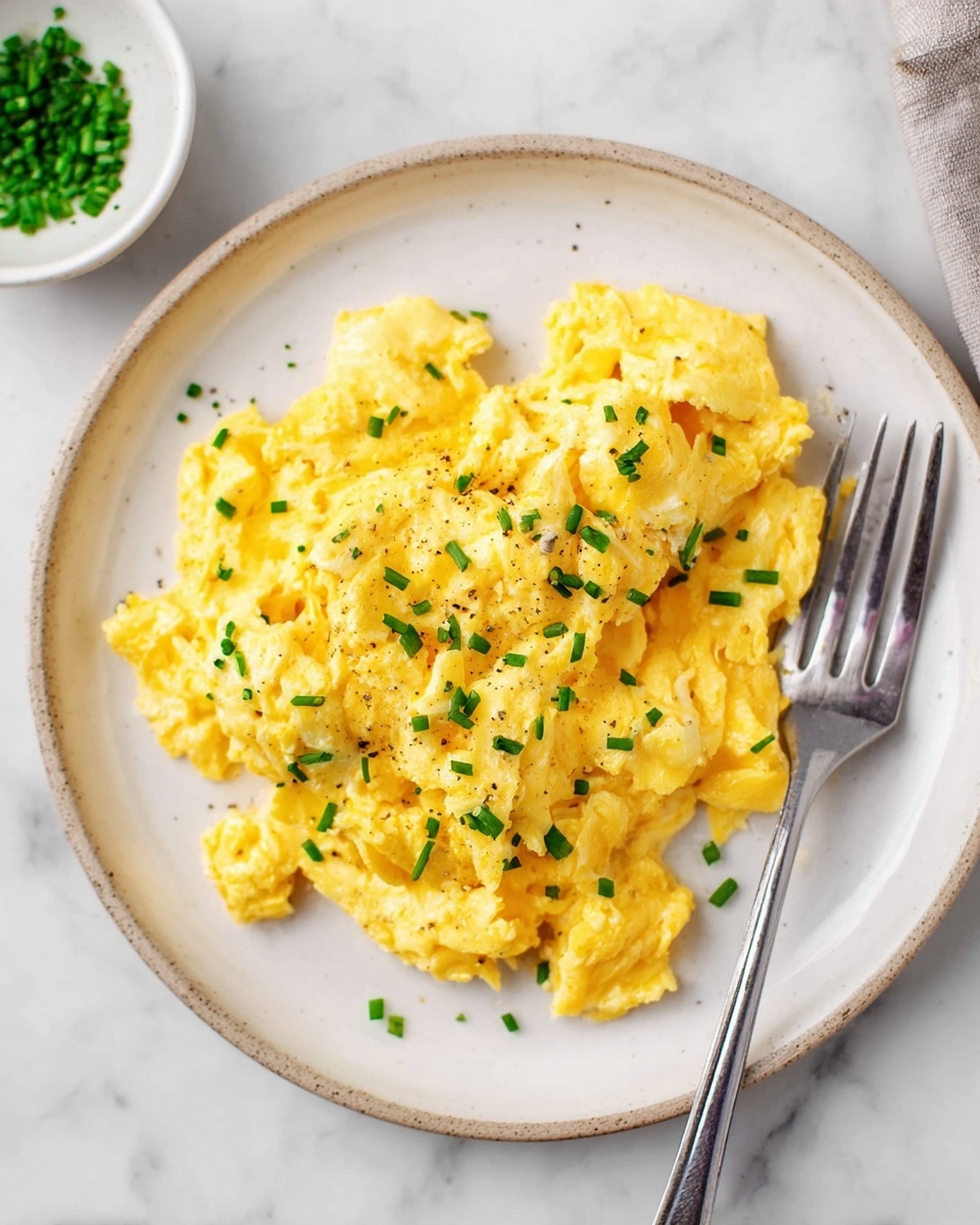 A white plate holds a single layer of yellow scrambled eggs with a soft and slightly fluffy texture. Small green chopped chives are sprinkled evenly on top, adding contrast and color. A silver fork rests on the right side of the plate, partially touching the eggs. The setting is on a white marble surface, and there is a small white bowl with more chopped chives in the upper left corner. photo taken with an iphone --ar 4:5 --v 7