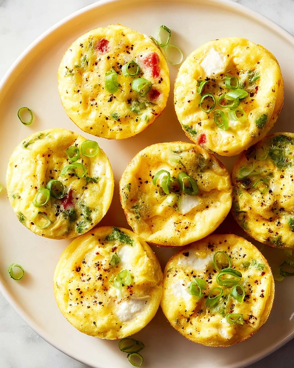 This image shows seven small, round egg muffins arranged on a white plate sitting on a white marbled surface. Each muffin has a slightly golden outer edge with a soft, fluffy yellow egg interior that includes visible small pieces of white cheese and red and green vegetables mixed inside. Thinly sliced green onions are scattered on top of the muffins and on the plate, adding bright green pops of color. The texture of the egg appears light and fluffy, and the muffins have some black pepper sprinkled over them. Photo taken with an iphone --ar 4:5 --v 7
