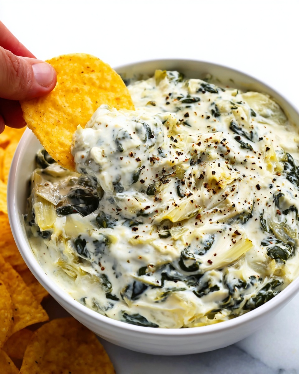 A close-up of a woman's hand holding a round yellow corn chip dipped halfway into a creamy white dip with visible dark green spinach leaves mixed in. The dip looks smooth and thick. The background shows the same creamy dip filling a white marbled textured bowl. Photo taken with an iphone --ar 4:5 --v 7