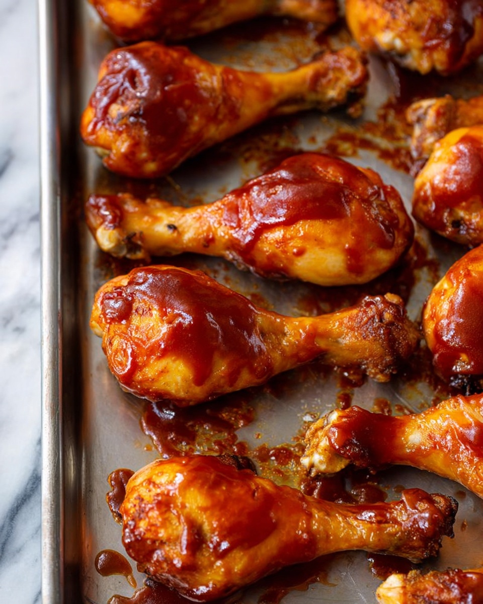 The image shows a metal baking tray filled with golden brown chicken drumsticks coated with shiny reddish-brown barbecue sauce. Each drumstick has a smooth, glossy layer of sauce on top, with bits of crispy skin visible around the edges. The drumsticks are arranged closely side by side, with some sauce drips on the tray between them. The tray sits on a surface with a white marbled texture. photo taken with an iphone --ar 4:5 --v 7
