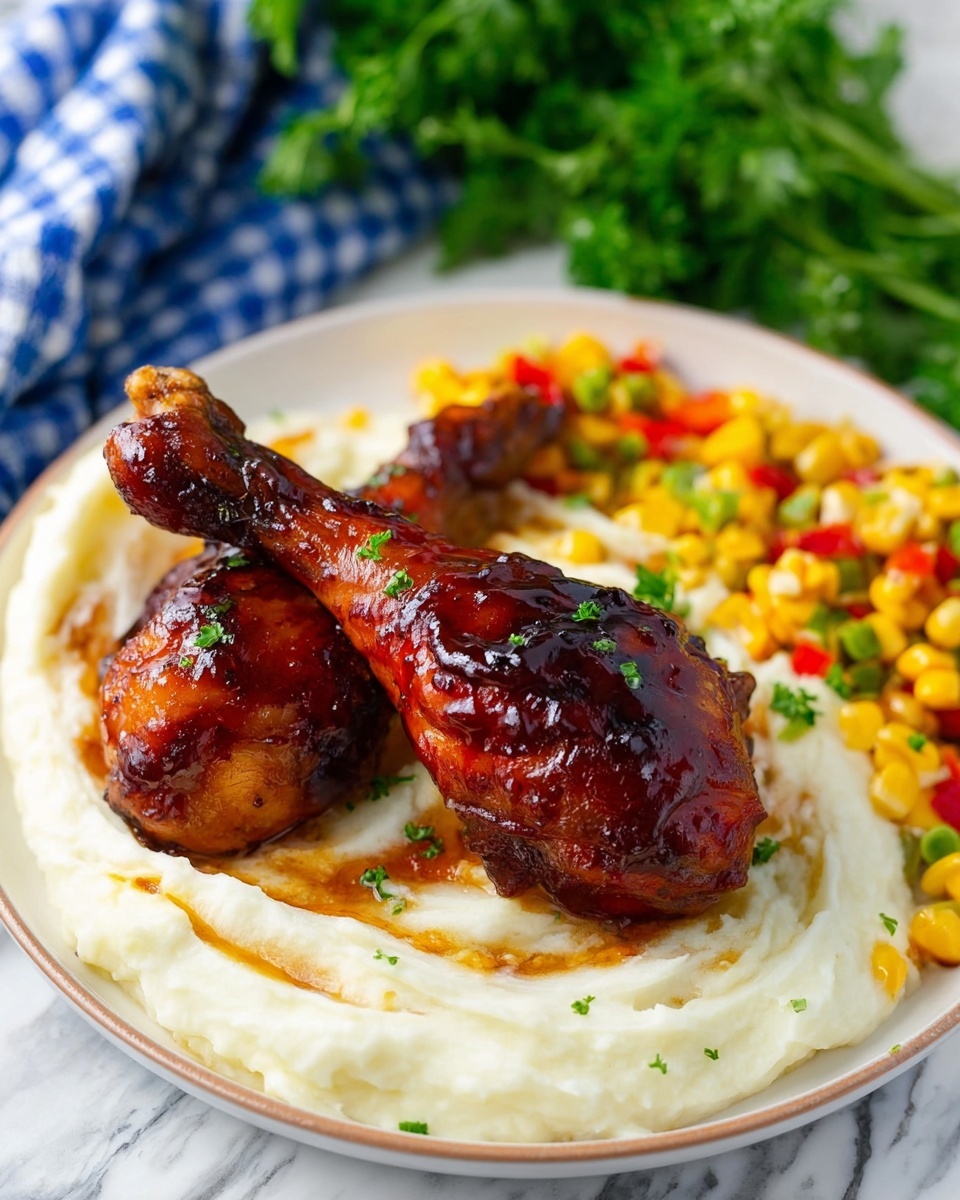 A white plate holds two glossy, dark brown glazed chicken drumsticks placed on a bed of creamy white mashed potatoes, which are smooth with subtle swirling texture. On the right side of the plate, there is a colorful mix of bright yellow corn, small diced red and green bell peppers, and sprinkled green herbs. In the background, some fresh green parsley leaves and a blue checked cloth are softly out of focus, all set on a white marbled surface. photo taken with an iphone --ar 4:5 --v 7