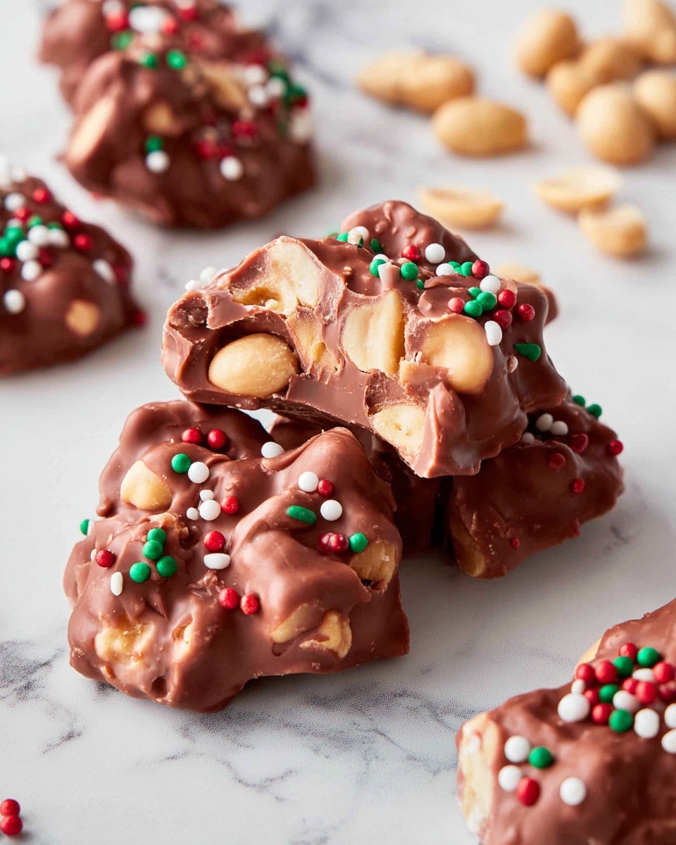 Three irregularly shaped clusters of brown chocolate-covered nuts sit on a white plate decorated with small red and black soldiers and Christmas trees around the rim. Each cluster is topped with small round red, green, and white sprinkles scattered unevenly. The plate rests on a white marbled surface with a red and black checkered cloth under part of the plate. In the background, a similar plate with more chocolate clusters and a clear glass of milk with a textured bottom are partially visible. photo taken with an iphone --ar 4:5 --v 7