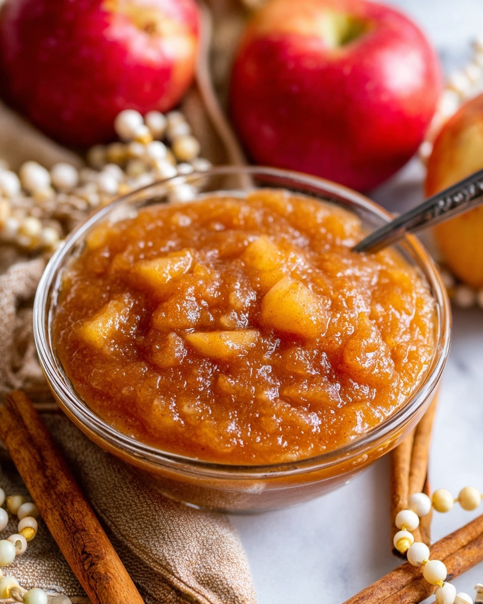 A glass bowl filled with thick, chunky apple sauce that is orange-brown in color with a shiny texture, showing small pieces of cooked apple mixed in. The bowl sits on a white marbled surface surrounded by cinnamon sticks, cream-colored beaded garland, beige cloth, and bright red apples, adding a cozy and warm feel to the image. A spoon is partially visible inside the bowl, resting against the apple sauce. photo taken with an iphone --ar 4:5 --v 7