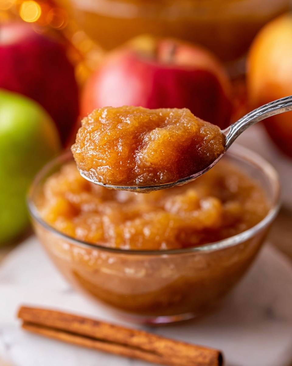 A close-up of a spoon holding a thick, orange-brown chunky apple sauce mixture with small bits visible, held above a clear glass bowl filled with the same chunky apple sauce. The background shows blurred red and green apples and warm tones, with a cinnamon stick placed in front of the bowl on a white marbled surface. The texture of the applesauce looks moist and soft, with a slight shine that catches the light. photo taken with an iphone --ar 4:5 --v 7