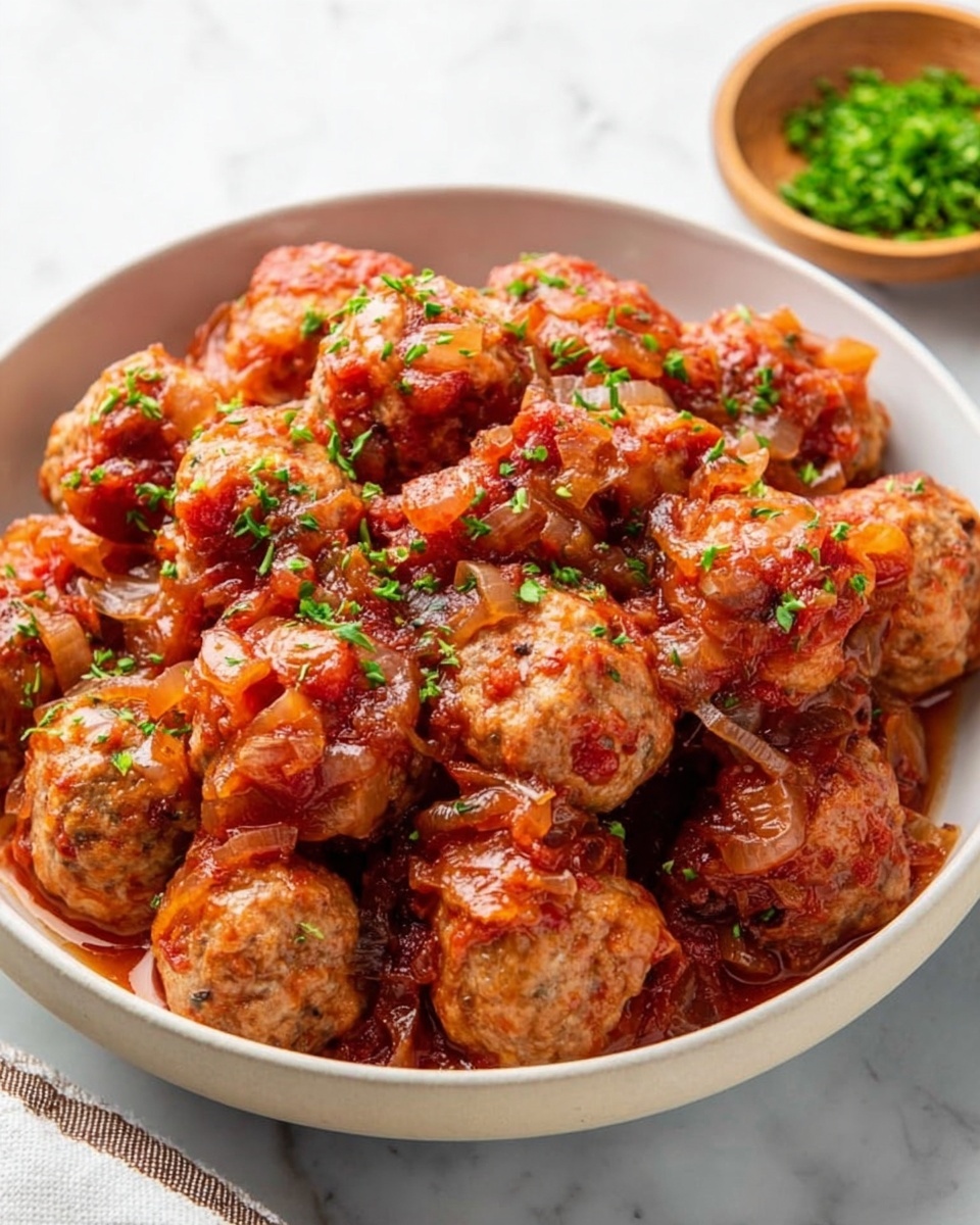 A white bowl filled with many small round meatballs covered in a chunky tomato sauce mixed with cooked onions. The meatballs are lightly brown and the sauce is a vibrant red with bits of translucent cooked onion scattered throughout. Small, finely chopped green herbs are sprinkled on top evenly. The bowl sits on a white marbled surface, and a small wooden bowl of extra green herbs is visible in the background, slightly blurred. The scene is bright and clear, showing texture on the meatballs and sauce photo taken with an iphone --ar 4:5 --v 7
