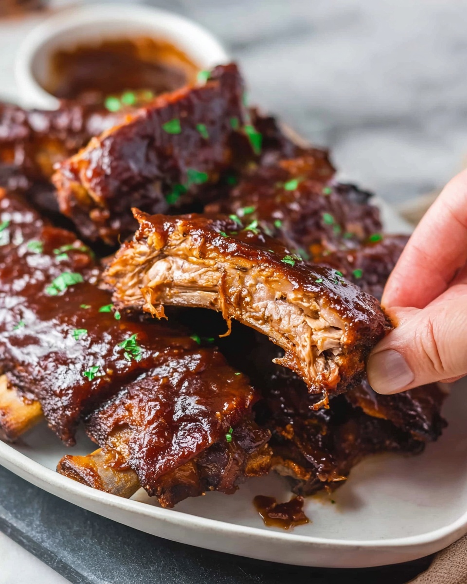 A close-up of several thick ribs on a white plate, each rib covered with a rich, glossy dark brown sauce that glistens under the light. The ribs have a textured surface with visible tender meat fibers, some with a slightly charred edge, topped with small green herb bits. One rib is held by a woman's hand, showing the juicy, soft inside with layers of cooked meat and sauce dripping lightly. The background is a white marbled surface with a small white bowl of extra sauce nearby. photo taken with an iphone --ar 4:5 --v 7