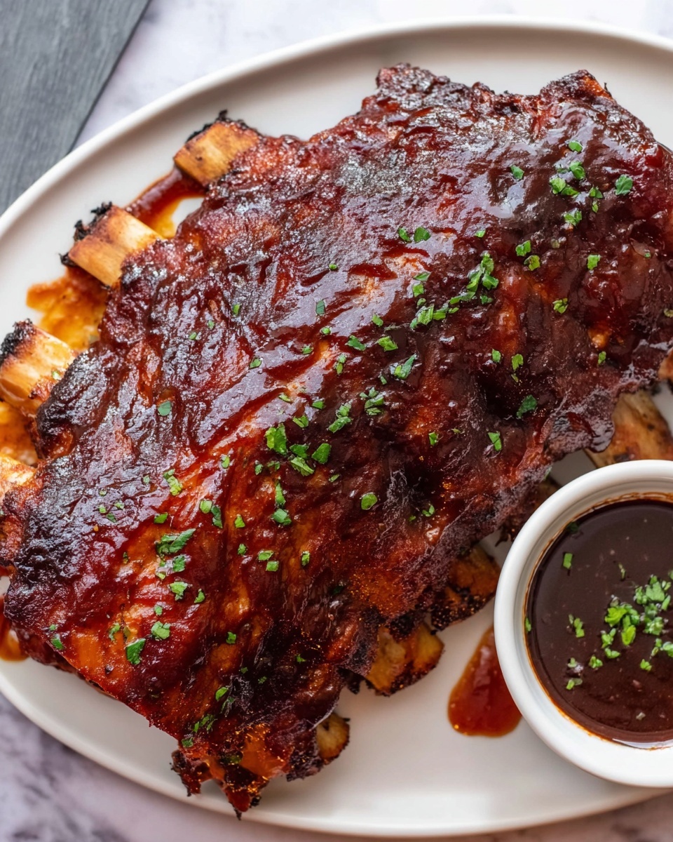 A large rack of ribs covered in shiny, dark brown barbecue sauce sits in the center of a white plate, the sauce thickly coating the ribs and pooling slightly on the plate around them. The ribs show charred marks and a reddish glaze, with bits of chopped green herbs sprinkled on top for color. Near the ribs' bottom right, there is a white bowl filled with more dark sauce, also topped with small green herb pieces. The plate rests on a white marbled surface. The ribs' textured meat and bones are clearly visible, and some sauce drips onto the plate, adding an appetizing look. Photo taken with an iphone --ar 4:5 --v 7