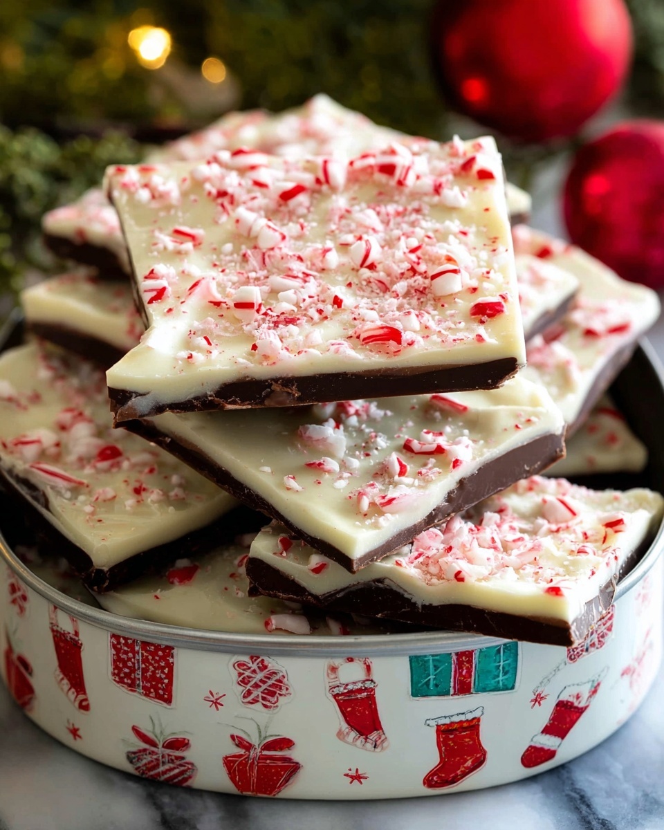 The image shows a large sheet of candy bark broken into irregular triangle pieces on a metal tray. It has two visible layers: a smooth dark chocolate base layer, and a thick white chocolate layer on top, covered with lots of crushed candy canes. The candy cane pieces are red and white, scattered unevenly, giving a rough texture. The tray is placed on a white marbled surface. photo taken with an iphone --ar 4:5 --v 7