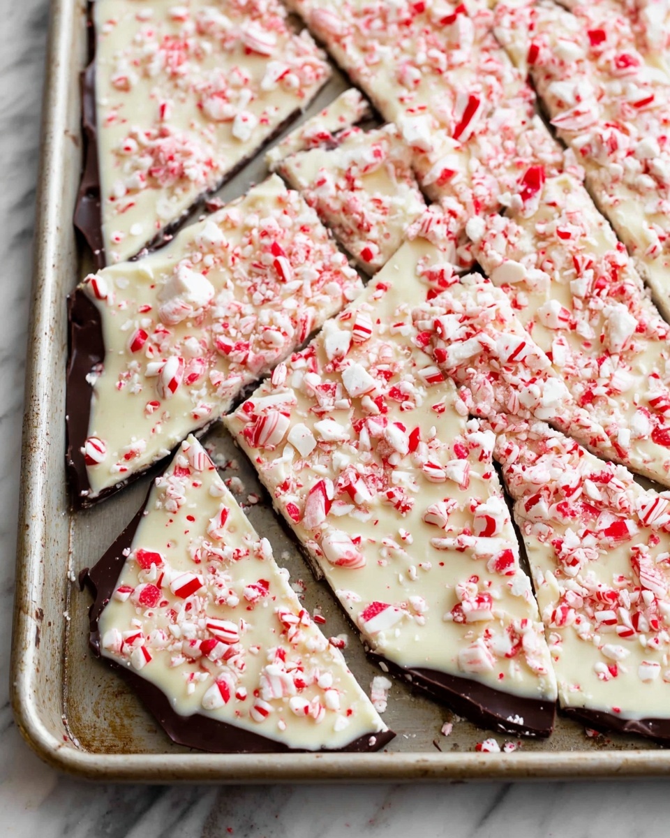 A stack of six pieces of peppermint bark is shown on a white plate, each piece having two main layers. The bottom layer is dark brown with a smooth texture, and the top layer is white with a creamy appearance. Crushed red and white peppermint candy pieces are scattered generously on the white top layer, adding a crunchy texture and bright red stripes over the white surface. The bark pieces are irregularly shaped with rough edges and stacked unevenly in a tall pile. The background has green pine branches and a red Christmas ornament on a white marbled surface. photo taken with an iphone --ar 4:5 --v 7