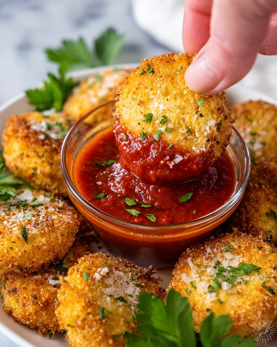 A white round bowl lined with translucent white parchment paper holds about a dozen golden brown, crispy, round fried snacks with a textured breadcrumb coating sprinkled with green herbs and coarse salt. To the left inside the bowl is a small clear glass bowl filled with thick deep red marinara sauce. A few green parsley leaves are placed beside the sauce for garnish. The bowl sits on a white marbled surface with a blue cloth partially visible to the side. Photo taken with an iphone --ar 4:5 --v 7