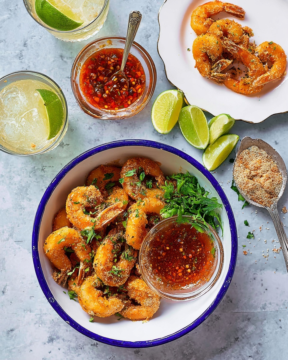 A close-up of a golden-brown fried shrimp held by a woman's hand, about to be dipped into a small glass bowl of thick, reddish-brown sauce with visible small bits of spices. The shrimp has a crispy, textured coating and is slightly curved, with some sauce dripping off the tip. The bowl sits on a white plate with a blue rim, surrounded by more fried shrimp pieces. In the background, there are lime wedges and fresh green herbs on a white marbled surface. Photo taken with an iphone --ar 4:5 --v 7