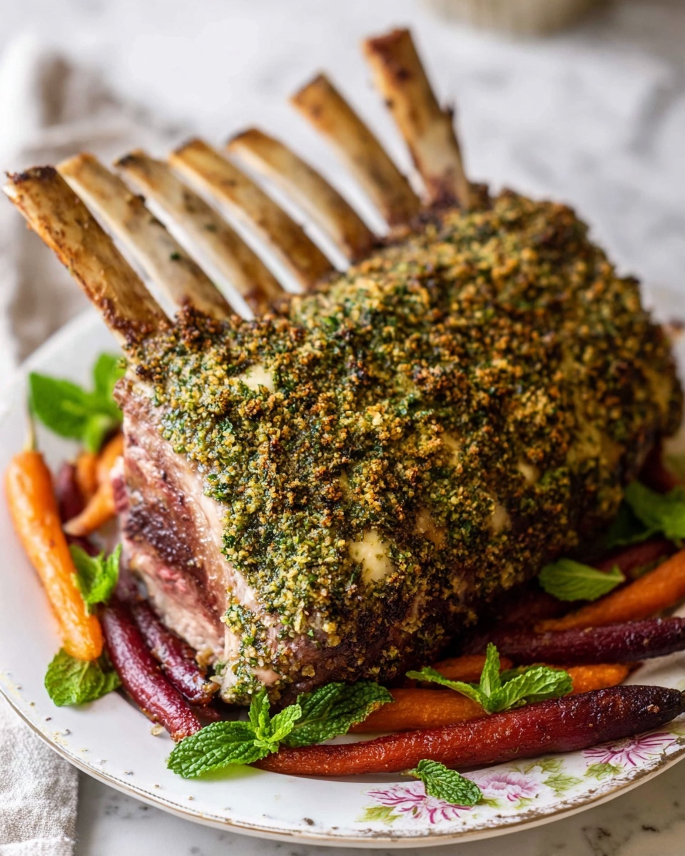 A large rack of roasted lamb with a green herb and spice crust covers the top layer, showing a rough, seasoned texture mixed with hints of yellow and dark green. The lamb bones extend from the left side, clean and light brown in color. Underneath the lamb, on a white plate with a faint floral pattern, there is a layer of cooked small carrots in shades of orange, deep red, and pale orange, scattered around the meat. Fresh green mint leaves are placed sporadically among the carrots, adding a pop of bright green. The whole dish sits on a white marbled surface with a soft, natural light illuminating the details of the meat and vegetables. photo taken with an iphone --ar 4:5 --v 7