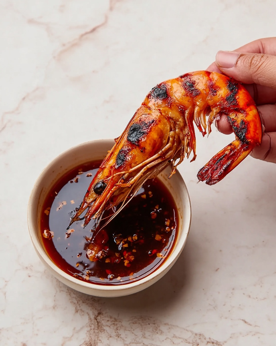 A large grilled shrimp with a bright orange and black charred shell is being held by a woman's hand above a small white bowl filled with dark brown dipping sauce that has a glossy texture and small bits floating in it; the bowl sits on a white marbled surface that has soft veins and a clean, smooth finish. Photo taken with an iphone --ar 4:5 --v 7