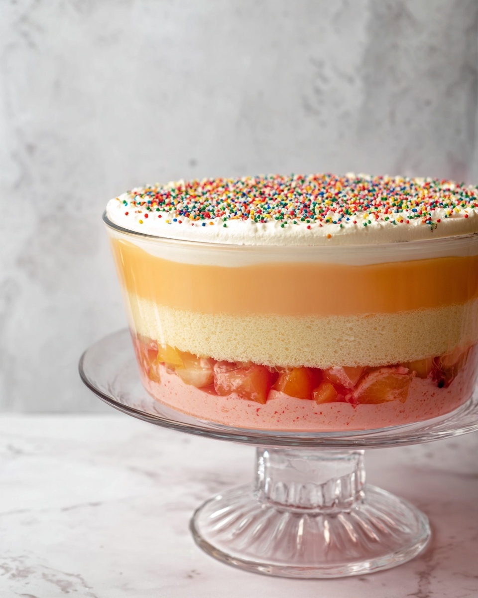 The dessert is in a clear glass bowl with three main layers. The bottom layer is a mix of colorful small fruit chunks and sponge cake pieces soaked in jelly, showing red, orange, and yellow hues. The middle layer is a smooth, yellow custard, even and thick, sitting right on top of the fruit and cake layer. The top layer is a white creamy frosting sprinkled with tiny, colorful round sprinkles that add a playful look. The bowl is placed on a clear glass cake stand with a tall, thin pedestal, set on a white marbled surface. A silver spoon lies beside the stand, and the background has soft, blurred vertical pastel lights and textures. Photo taken with an iphone --ar 4:5 --v 7