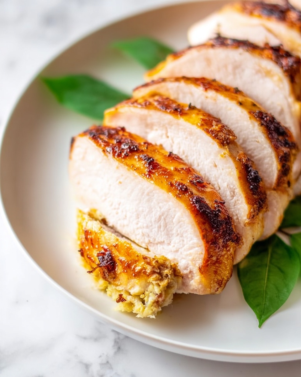The image shows several slices of cooked chicken layered neatly on a white plate, each slice displaying a golden brown, slightly charred outer skin with a smooth, juicy inner layer of pale meat. The chicken slices are arranged in a row, and beneath them, there is a visible layer of a creamy filling with a light yellow color. Around the plate, a few green leaves add a touch of color against the white marbled texture beneath the plate. The overall presentation is clean and appetizing. photo taken with an iphone --ar 4:5 --v 7