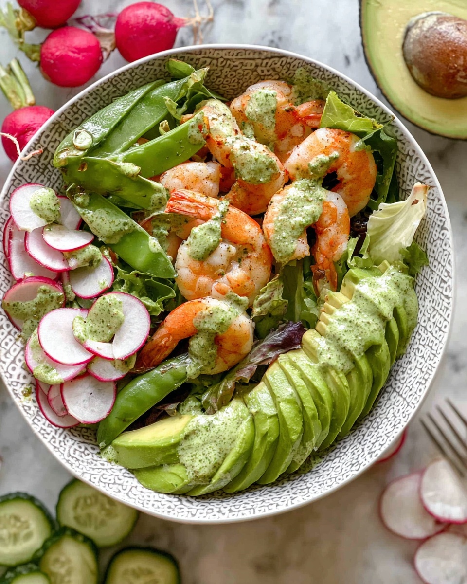 A white bowl with a grey pattern on the rim holds a vibrant salad. The bottom layer is dark green leafy mixed greens. On top are orange cooked shrimp arranged around the bowl, some covered in a green herb sauce. There is a row of bright green sliced avocado fanned out on one side with green sauce drizzled on it, and scattered around are thin slices of white radishes with red edges. There are also quartered cucumber pieces and whole bright green snap peas. The salad is dressed with a green creamy herb dressing spread over the layers. The bowl is placed on a white marbled surface with half an avocado and a few radishes around it. photo taken with an iphone --ar 4:5 --v 7