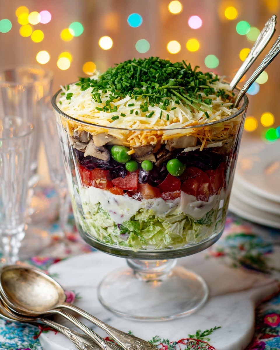 A tall clear glass bowl holds a layered salad with seven visible layers. The bottom layer is green lettuce, followed by black olives and red beans, then bright green peas. Above the peas is a creamy pale yellow layer, topped with shredded light orange cheese. Next is a layer of chopped red tomatoes covered by a thick white creamy sauce. The final layer is finely chopped green chives spread evenly on top. Two silver spoons rest on the surface. The bowl sits on a white marbled surface with colorful out-of-focus Christmas lights in the background. photo taken with an iphone --ar 4:5 --v 7