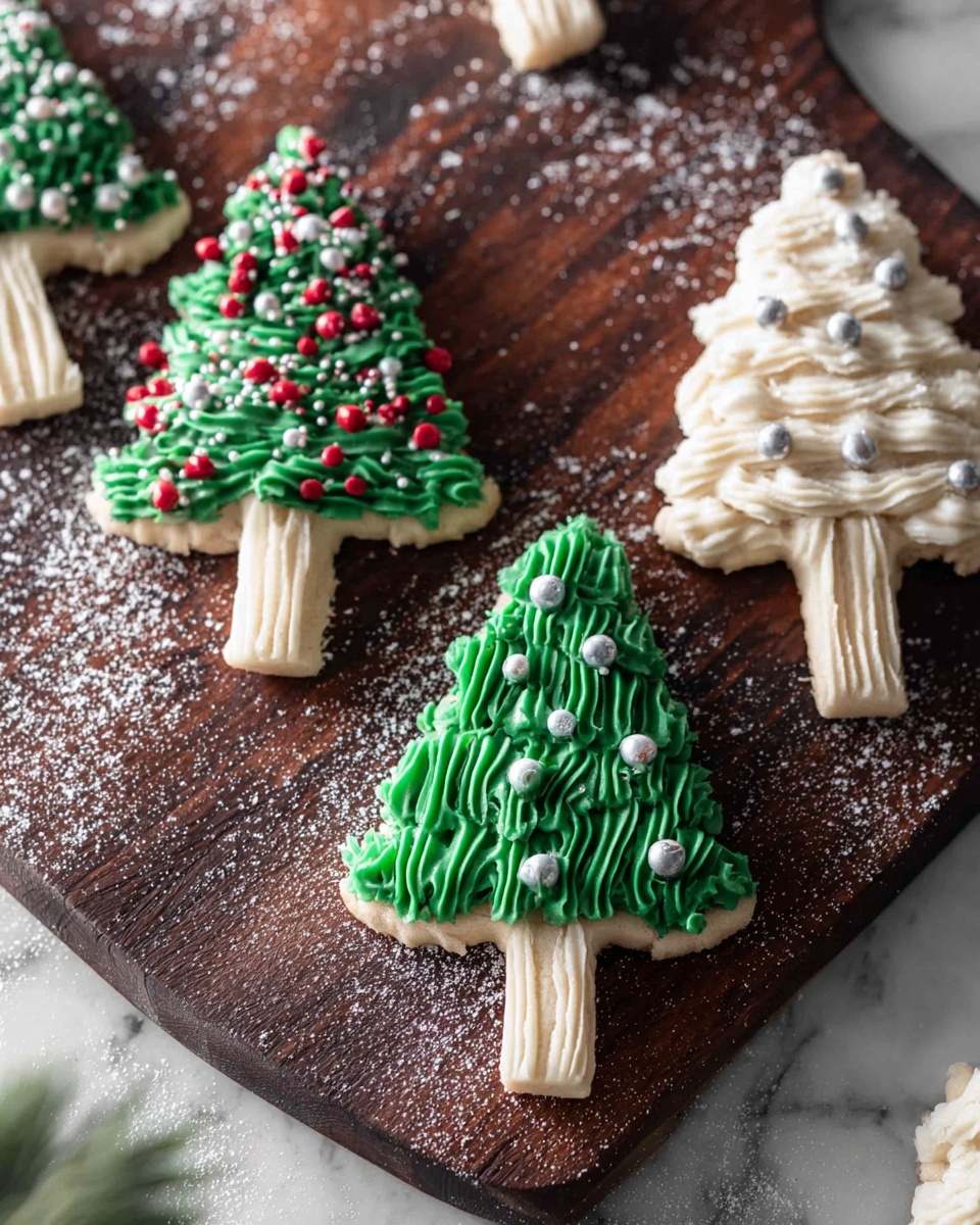 The image shows several Christmas tree-shaped cookies lying on a dark wooden board with a dusting of white powdered sugar that looks like snow. Each cookie has three layers: a light beige tree trunk made of a biscuit-like texture at the bottom, a green or white tree-shaped layer above it made of piped icing or frosting with a wavy texture giving a leafy look, and small round sprinkles decorating the tree - the green trees have red and white balls, while the white trees have silver balls. The background is bright with a white marbled texture visible in some parts. Photo taken with an iphone --ar 4:5 --v 7