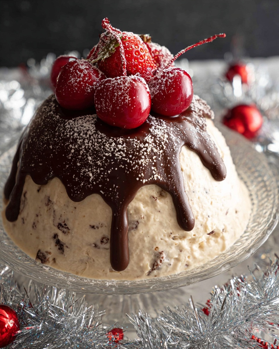 The image shows a rounded creamy dessert with a light beige color and small bits mixed inside, sitting on a clear glass dish. The top half of the dessert is covered with melted dark chocolate that flows down the sides unevenly. On top of the chocolate layer, there are three bright red strawberries and three glossy red cherries arranged closely together, all lightly dusted with white powdered sugar. The dish is placed on a shiny silver tinsel decoration with a white marbled surface underneath. photo taken with an iphone --ar 4:5 --v 7